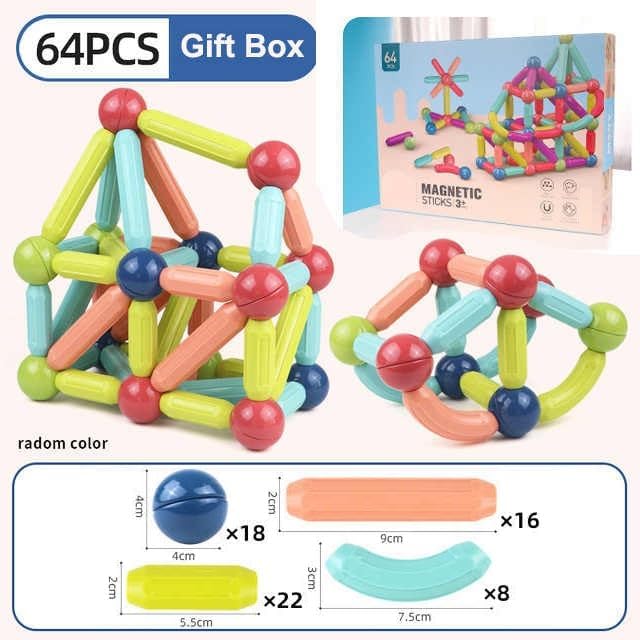 Magnetic Building Sticks For Kids - 64 Pcs