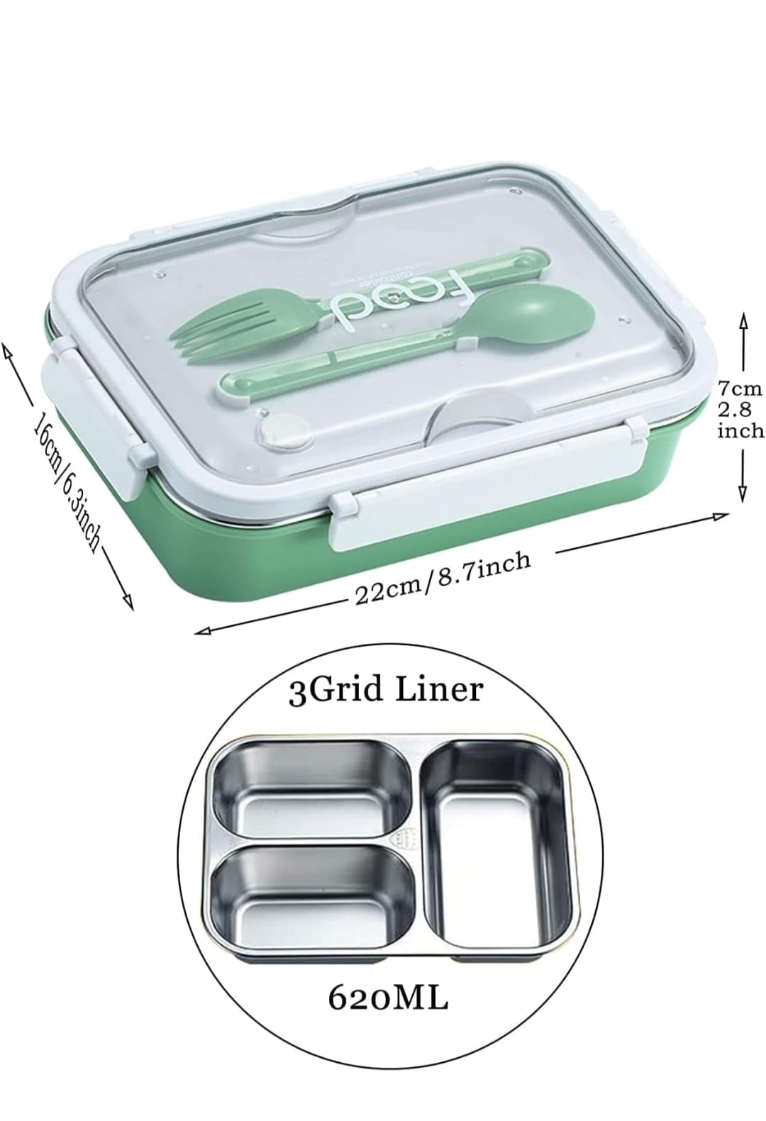 3 Grid Insulated Lunch Box with Fork and Spoon